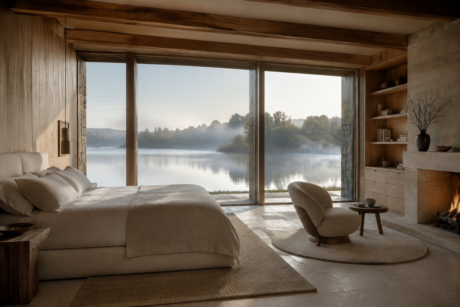 Warm lakeside suite with oak, limestone and floor-to-ceiling windows